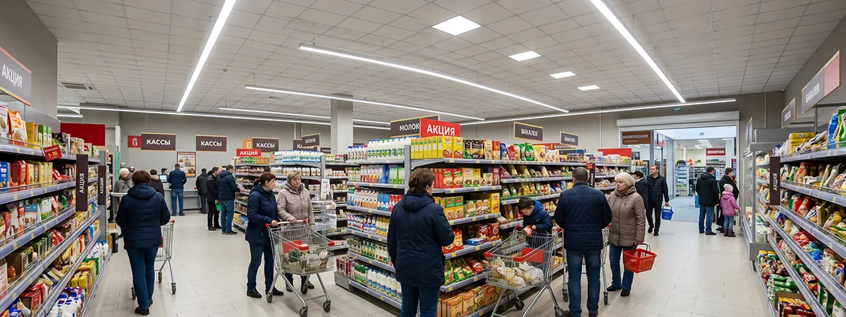 Общее освещение торгового зала в магазине в торговом центре