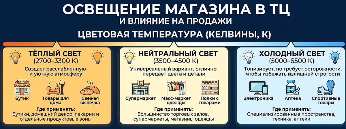 Как выбрать яркость и цветовую температуру света в магазине в торговом центре